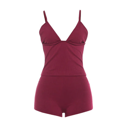 Kliou Ribbed Fashion 2 Piece Set Woman Low-Neck Backless Tank Tops+Skinny Mini Shorts Daily Home Casual Style Classic Outfits