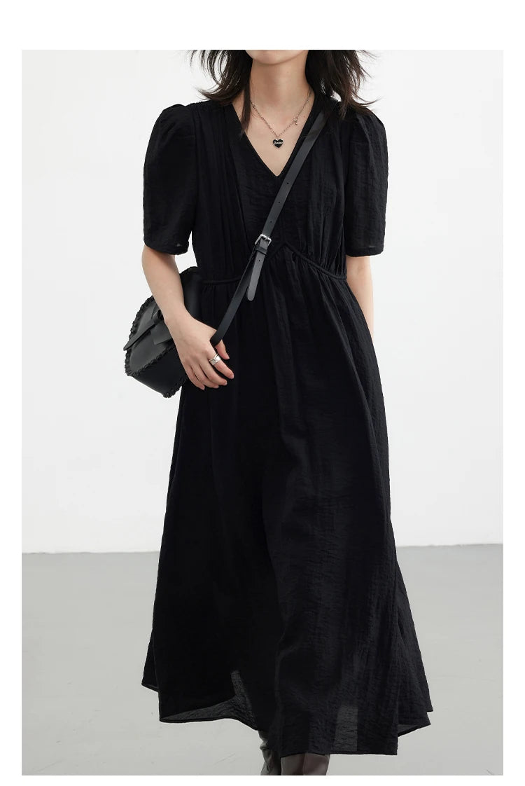 Vintage Puff Sleeve Dress - French Style Black Ankle Length Women Summer Casual Wear