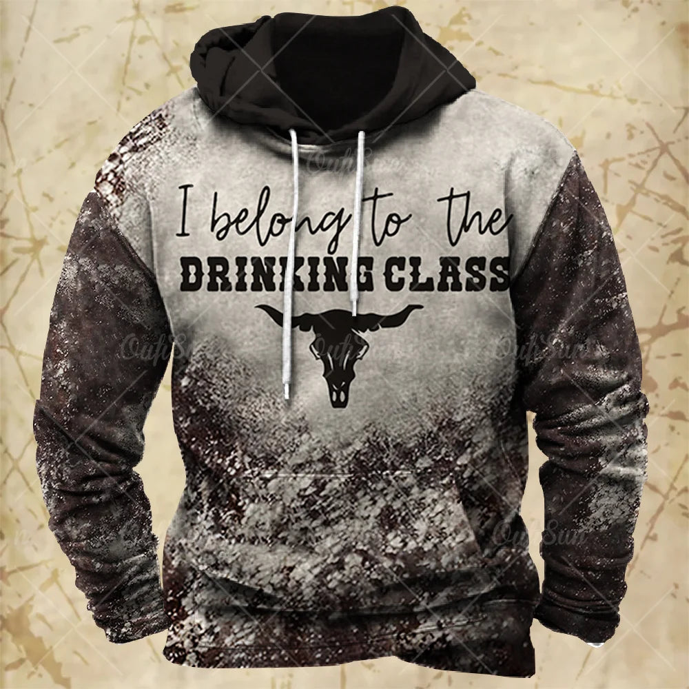 Men Hooded Vintage Print  Sweatshirt Ethnic Style Hoodie Autumn and Winter Oversized Casual Men's Clothing Daily Street Pullover