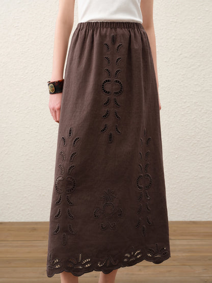 FSLE【Premium Series】Summer Women Linen Two Piece Set Cut-Out Embroidered Sleeveless Top Midi Skirt Boho Beach Vacation Style