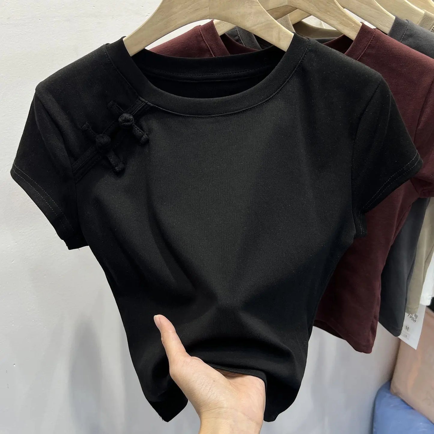 Chinese Style Summer T-shirts Women Crop Tops O-neck Gentle Buttons Soft Irregular Designed Short-sleeve Chic Pure College Retro