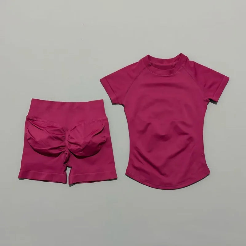 2 Pieces Sports Gym Sets Women Seamless Knitted Yoga Short Sleeve Top Fitness Set Workout Running Sports Short Leggings Suit