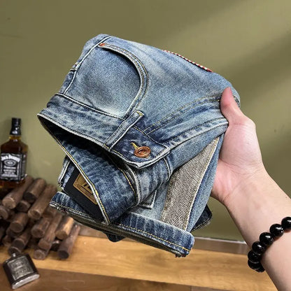 Denim Shorts Men - Slim Fit Knee Length Casual Summer Pants With Trendy Patch
