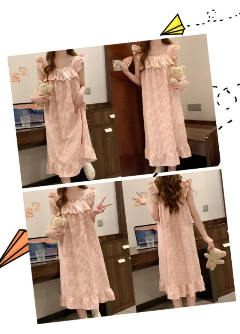 Women Korean Sweet Plaid Bow Design Nightgown with Straps Sleep Dress Cute Summer New Loungewear Y2K Nightgown with Built-in Bra