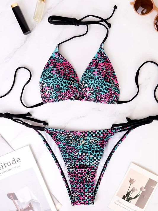 Women's Split Bikini Two-Piece Set - Colorful Polka Dot Lace-Up Summer Swimsuit