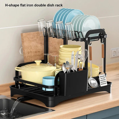 Dish Drying Rack - 2 Tier Kitchen Sink Organizer with Retractable Drain System