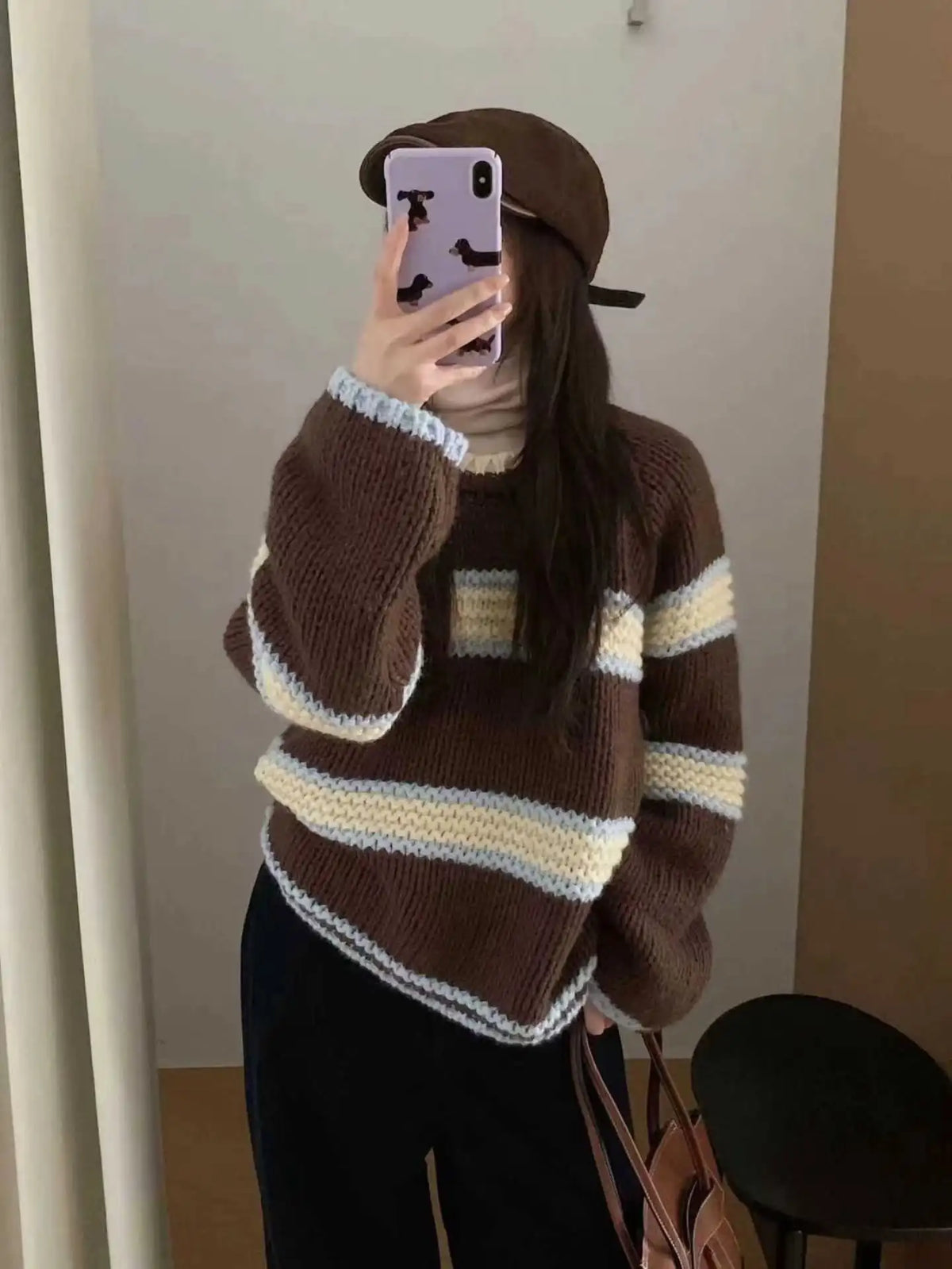 Chic Loose Long Sleeve Knitted Sweater round Neck Striped Autumn Winter New Style Women's Regular Fit Comfortable Casual Sweater