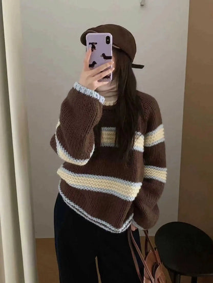Chic Loose Long Sleeve Knitted Sweater round Neck Striped Autumn Winter New Style Women's Regular Fit Comfortable Casual Sweater
