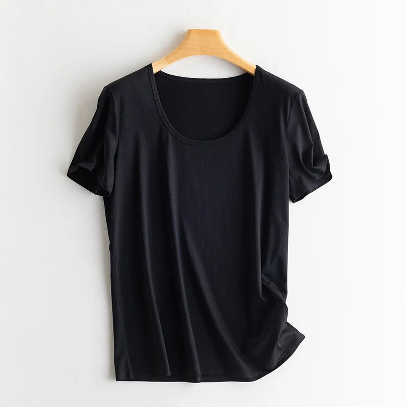 Women's V-Neck T-Shirt – Silk-Linen-Cotton Solid Summer Tee