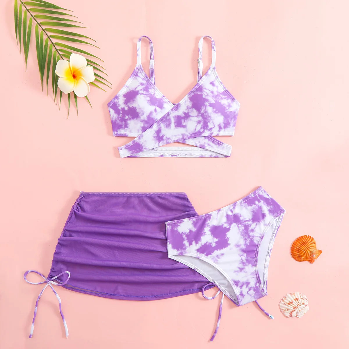 3pcs Swimming Suit for Girls Summer Beach Dress Swimsuit Tie-dye Printed Skirted Bikini Set Kids Bathing Suit