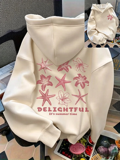 Women's casual seashell and letter pattern front and back printed pullover hoodie women's casual top versatile style hoodie