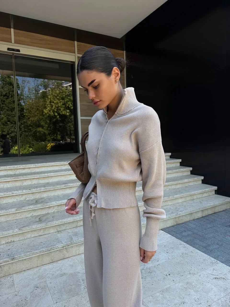 Solid Color Zipper Waist Cinching Casual Set Knitted Top Drawstring Straight Leg Pants 2-piece Sets 2026 Autumn Lady Daily Wear