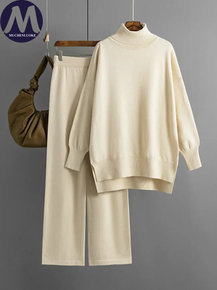 Women's Two Piece Set Autumn Winter High Collar Slit Knitted Sweater Pullover Fashion Casual Loose High Waist Pant Ensemble