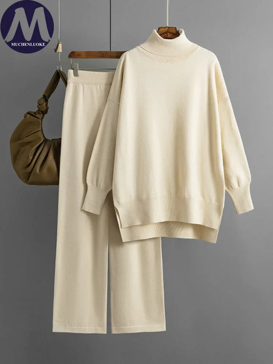 Women's Two Piece Set Autumn Winter High Collar Slit Knitted Sweater Pullover Fashion Casual Loose High Waist Pant Ensemble