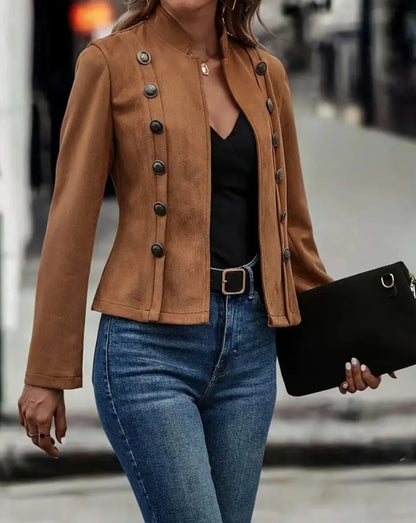 Faux Suede Jacket - Women's Casual Open Front Coat With Double Breasted Buttons