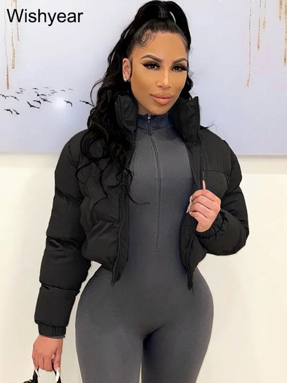 Winter Thick Warm Cotton Down Jacket Women Clothing Gray Zipper Short Puffer Parkas Coats Outwear Female  Crop Tops Streetwear