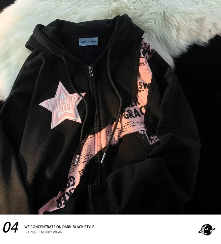 2023 Letter Print Sweatshirts Gothic Streetwear Vintage Loose Patchwork Tops Coats Zip Up Hoodies Women Harajuku Hip Hop Top