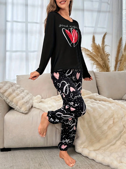Spring Summer Autumn Winter Women's Round-neck Pullover with Heart Pattern Long-Sleeved Pants for Casual Homewear Set of 2 Piece