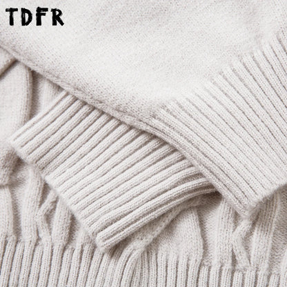 Solid Color Jacquard Sweater Mens Autumn Winter Casual Loose Half Zipper Long Sleeve Sweater Man