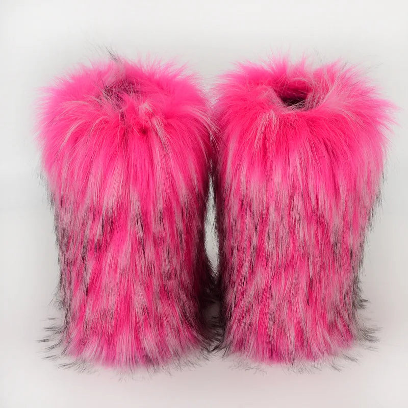 Women's Winter Snow Boots Outdoor Luxury Furry Faux Fox Fur Boots Woman Plush Warm Platform Shoes New Fashion Bottes Big Size 46
