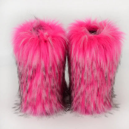 Women's Winter Snow Boots Outdoor Luxury Furry Faux Fox Fur Boots Woman Plush Warm Platform Shoes New Fashion Bottes Big Size 46