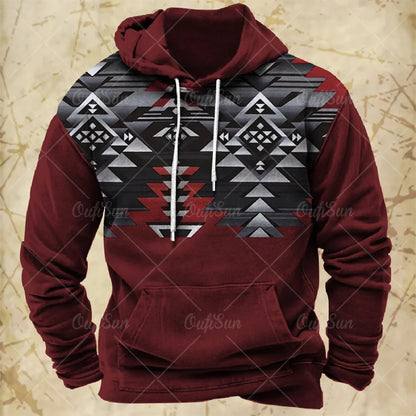 Men Hooded Vintage Print  Sweatshirt Ethnic Style Hoodie Autumn and Winter Oversized Casual Men's Clothing Daily Street Pullover