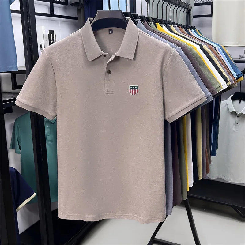 Men's Summer Luxury 100% Cotton Polo Shirt, Lapel Print Short Sleeve T-shirt, Breathable Business Casual Menswear