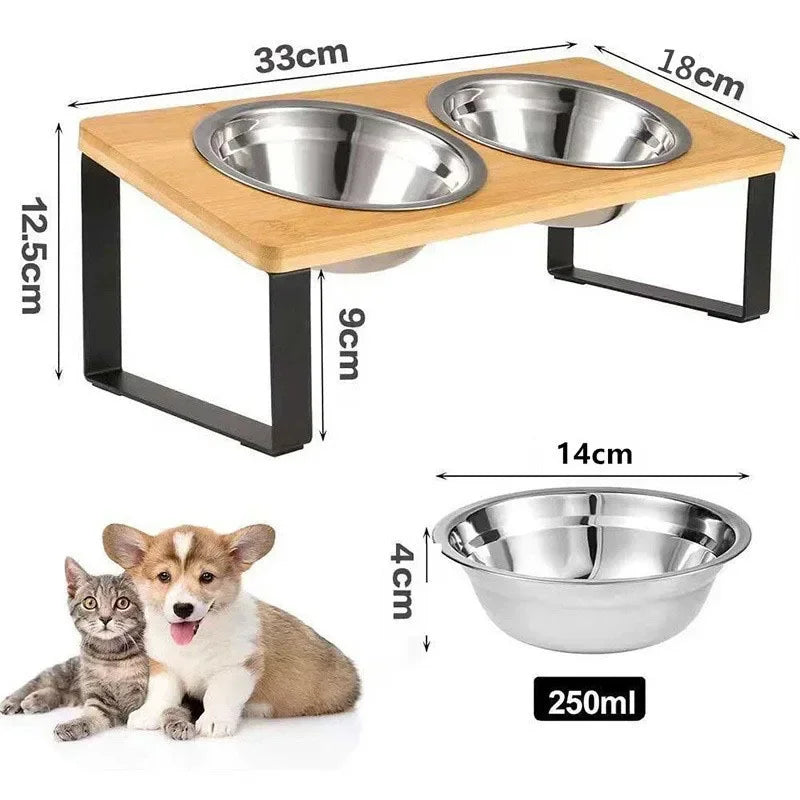 Elevated Cat Bowl Wooden 15° Tilted Raised Pet Bowl Stand with 2/3 Stainless Steel Bowl Neck Protection Dog Feeder Pet Supplies