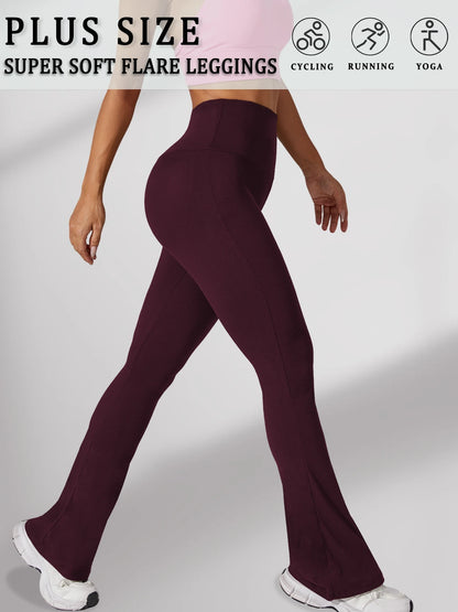 Plus Size Women's Super Soft High Waisted Flare Pants, Leggings Tummy Control Soft Bootleg Bell Bottoms Running