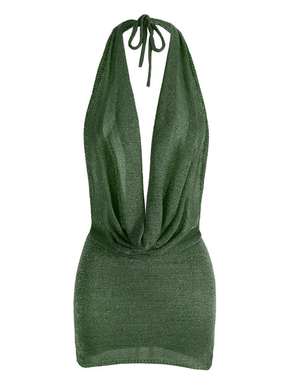 Silk Backless Mini Dress - Slim Fit Summer Vacation Dress With Deep V Neck & Spaghetti Straps