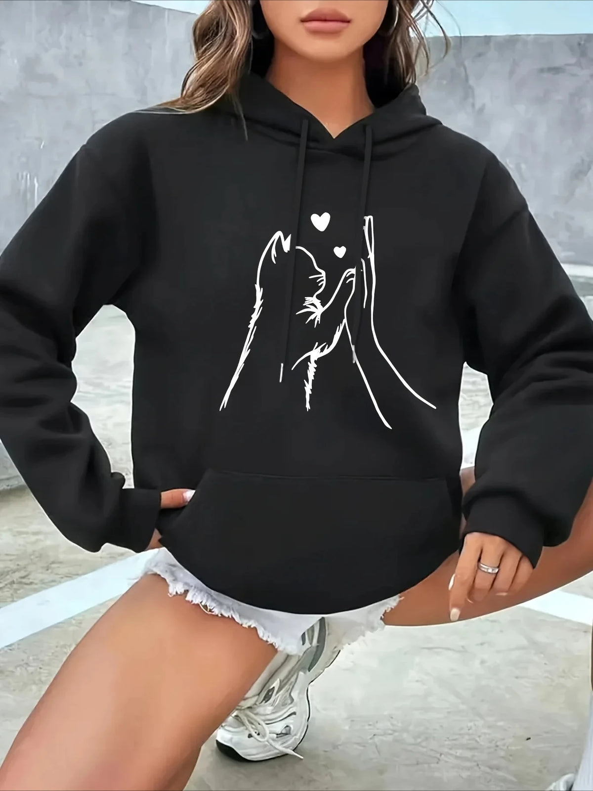 2025 Autumn Winter Hoodie Women's Casual Hooded Sweatshirt with Cute High-Fiving Cats  Hearts Graphic Print Warm Hoody
