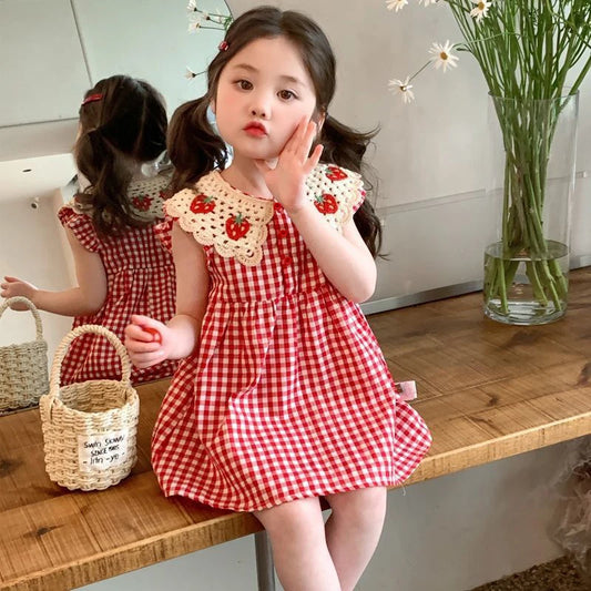 Humor Bear Girl Casual Dress 2026 New Fashion Strawberry Crochet Collar Plaid Flying Sleeve Dress Cute Outfits Girls Vestidos
