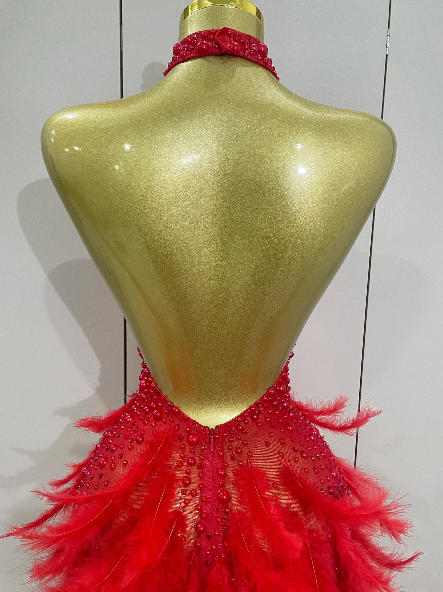 Backless Halter Dress - Women's Party Mini Sheath With Rhinestone & Feather Details