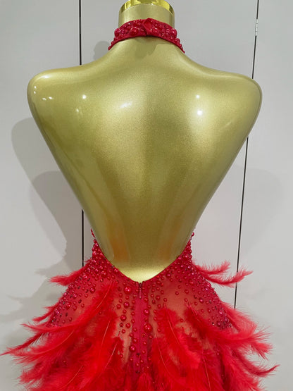 Backless Halter Dress - Women's Party Mini Sheath With Rhinestone & Feather Details