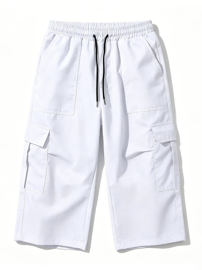2026 New Men Multi Pocket Cargo Capri Shorts Loose Fit Daily Street Travel Outdoor Casual Drawstring Waist Cropped Short Pants
