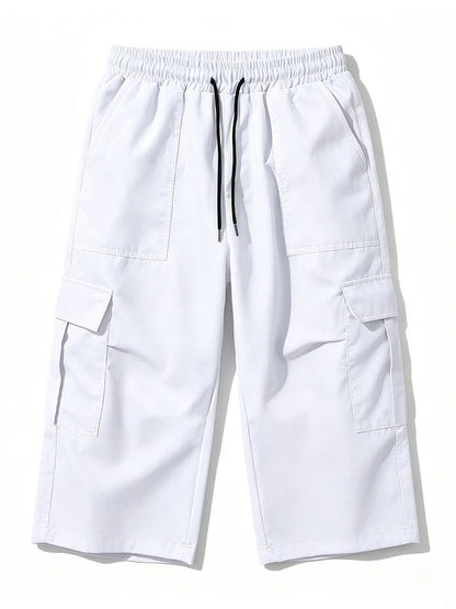 2026 New Men Multi Pocket Cargo Capri Shorts Loose Fit Daily Street Travel Outdoor Casual Drawstring Waist Cropped Short Pants