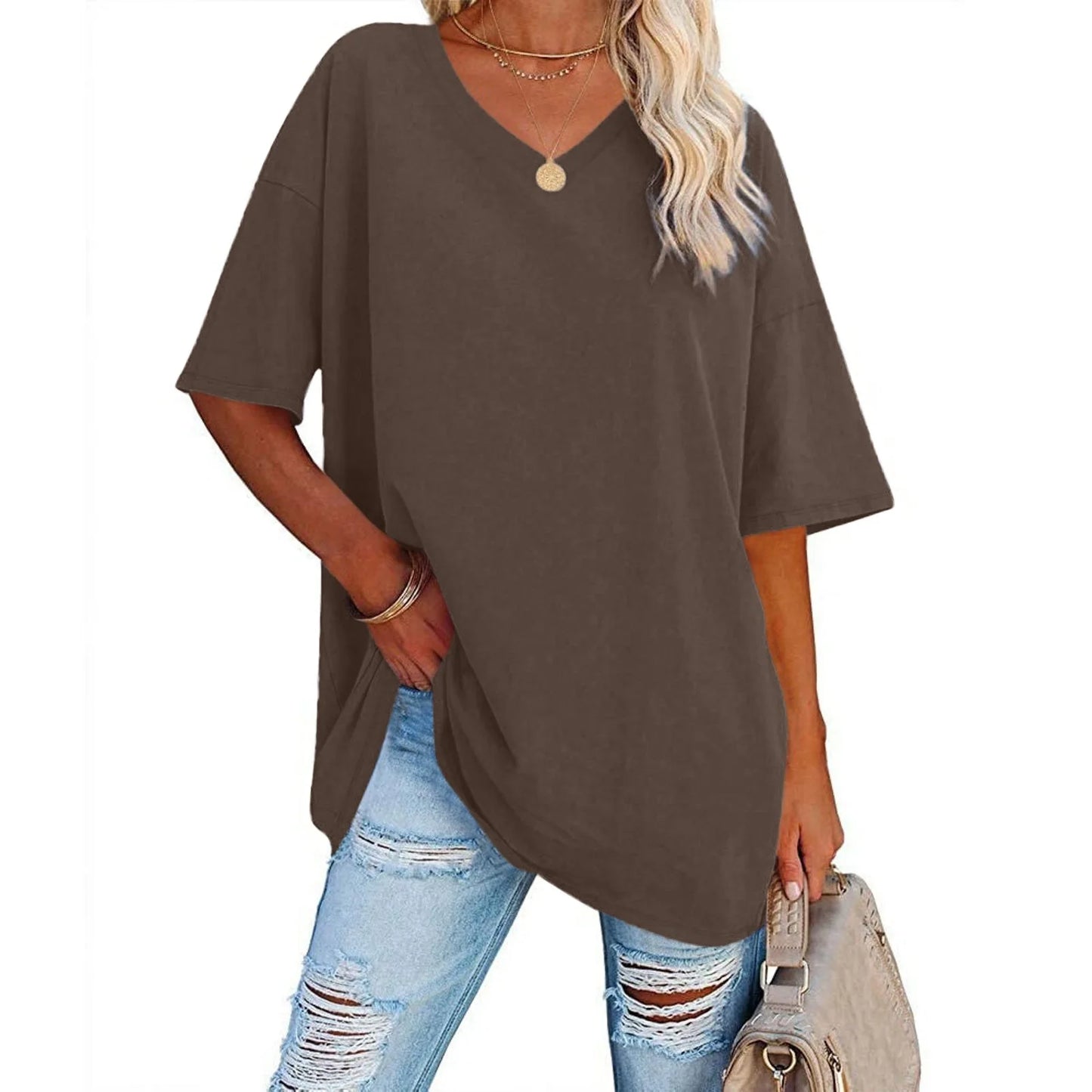 Women's Short Sleeve T Shirt - Cotton Broadcloth Polyester Fabric Top, Loose Fit Tee