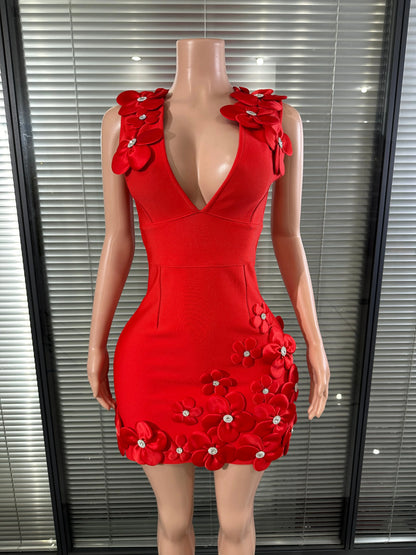 Glamorous Sexy Crystal 3D Flowers Emmbellished Deep V-neck Sleeveless High Waist Evening Party Bandage Mini Dress