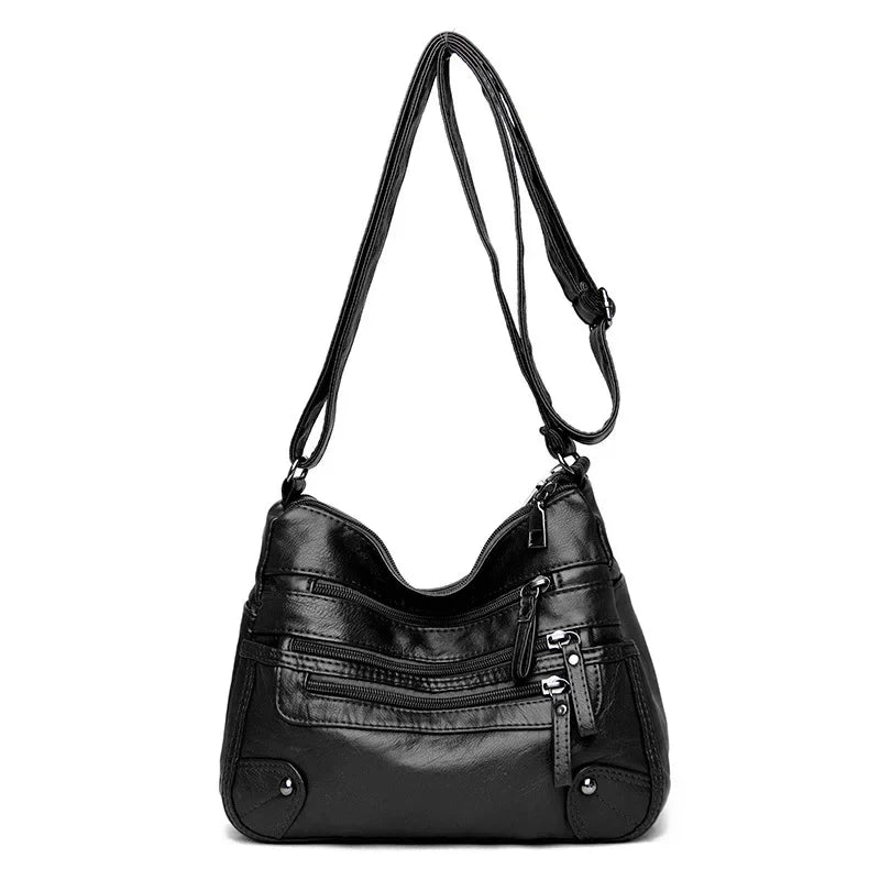 Soft Leather Shoulder Bag - Women's Crossbody Double Layered Large Capacity Tote