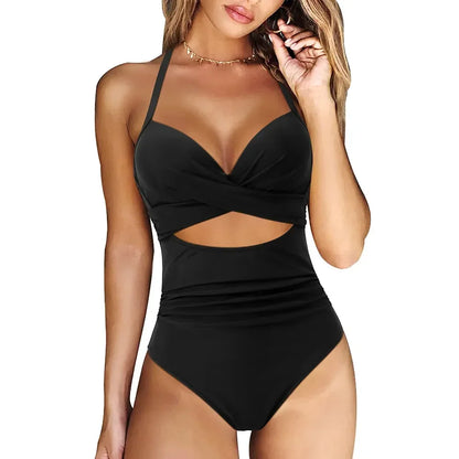 One Piece Women Set Swimsuit Print  Backless Puch Up Solid Sexy Women's Swimwear Bandage Ruched Female Bathing Suit Beachwear