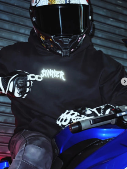 Mens Gothic Sinner Defy The Moon Print Oversized Hoodie Black Streetwear Motorcycle Riding Casual Pullover Hooded Sweatshirts