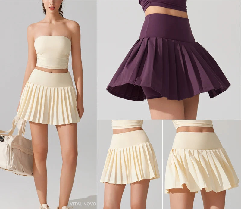VITALINOVO Pleated Tennis Skirt for Women with Pocket Shorts Women's High Waisted Lightweight Athletic Golf Skorts Skirts Flowy
