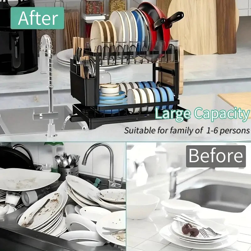 2-Tier Dish Rack – Durable Metal Dish Drainer with Utensil Holder & Drainage Tray