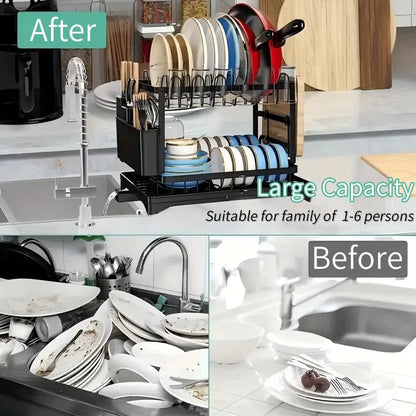 2-Tier Dish Rack – Durable Metal Dish Drainer with Utensil Holder & Drainage Tray