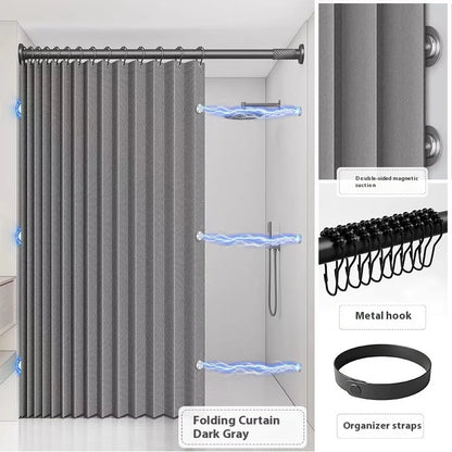 Folding Linen Shower Curtain - Waterproof with Magnets for Walk-in Showers - ZOOMNSTORE