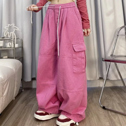 Cargo Pants Women Solid Color Japanese Loose Thin Straight Wide-leg High Waist Trousers High Street Basics Casual Pants Female