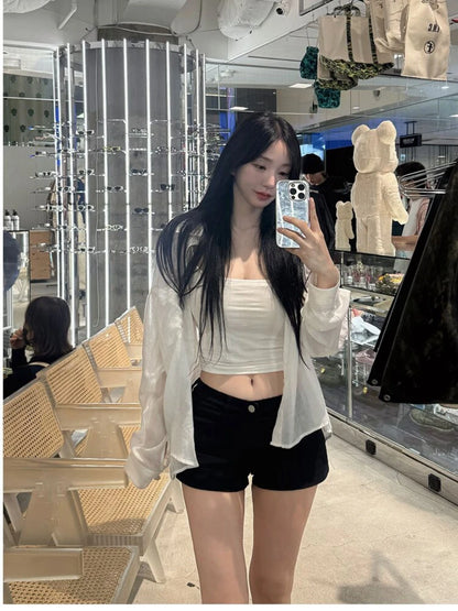 New Korean Style White Low Waist Denim Shorts Women Stretch Skinny Slim Fit A Line Hip Wrap Hot Pants Y2K Trendy Jeans Shorts