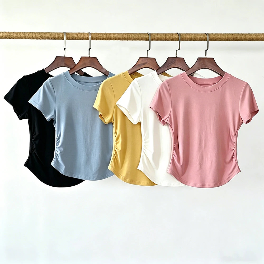 Women's Basic Solid Crop Top Short Sleeve Crewneck Skinny T-shirt Summer Casual Y2K Vintage Harajuku Streetwear