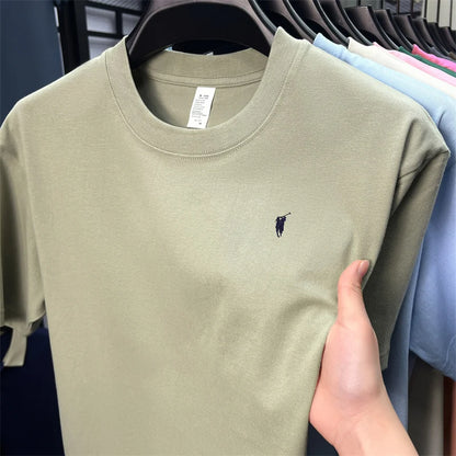 Xiaoma Embroidery Casual Pure Cotton Short Sleeved T-shirt for Young Men, Round Neck Solid Color T-shirt for Men