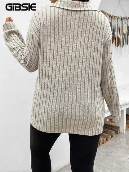 Plus Size Tshirt - Women's Casual Ribbed Knit Long Sleeve Polo Collar Tee
